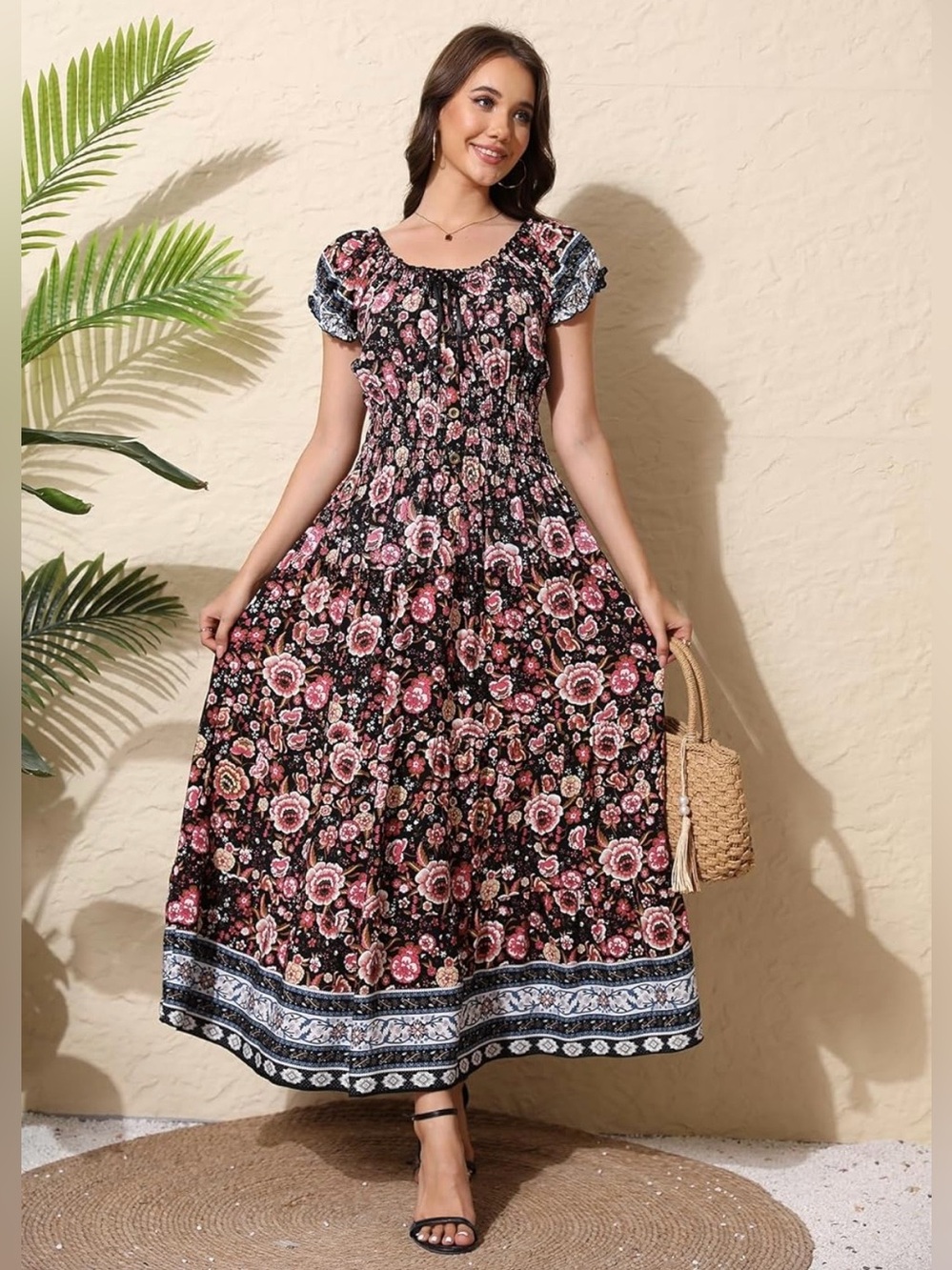 Feminine Boho pink floral border print cottagecore summer maxi dress size XL - Picture 5 of 5